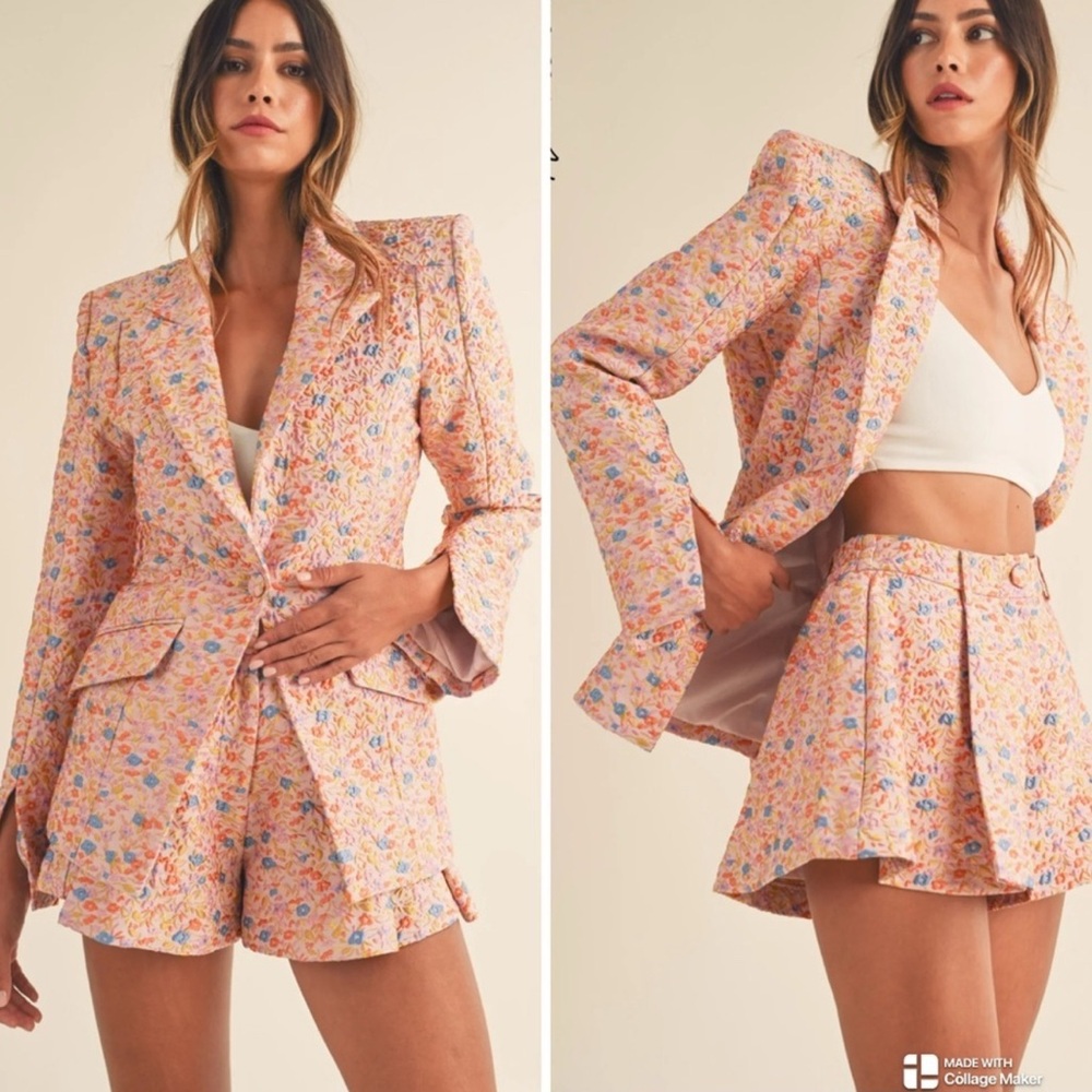 Maje Floral Embroidered Pink Short and Blazer Set